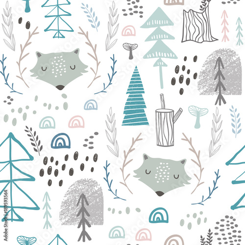 Cotton fabric Seamless woodland pattern with wolf heads. Creative height detailed background. Perfect for kids apparel,fabric, textile, nursery decoration,wrapping paper.Vector Illustration