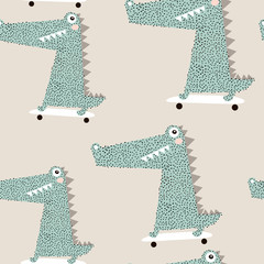 Seamless pattern with crocodile on skateboard. Creative bay animals background. Perfect for kids apparel,fabric, textile, nursery decoration,wrapping paper.Vector Illustration