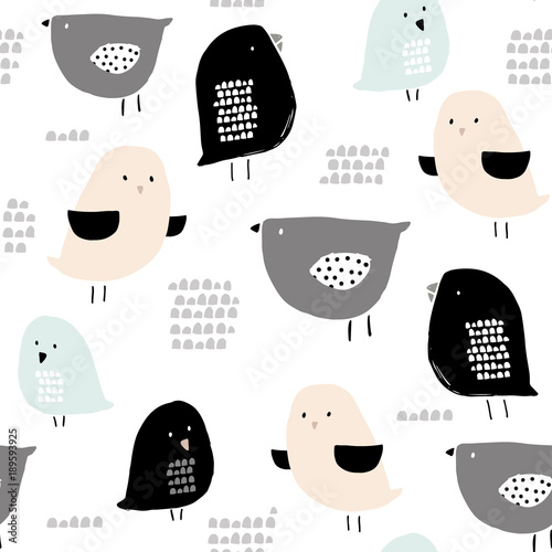 Cotton fabric Seamless pattern with hand drawn tiny birds. Trendy scandinavian vector background. Perfect for kids apparel,fabric, textile, nursery decoration,wrapping paper