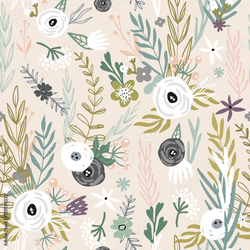 Fotomural Seamless pattern with hand drawn flowers