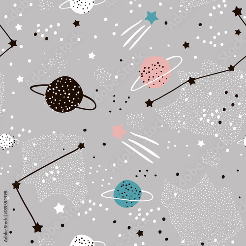 Foto-Schiebegardine mit Schienensystem - Seamless pattern with stars, constellations, planets and hand drawn elements. Childish texture. Great for fabric, textile Vector Illustration (von solodkayamari)