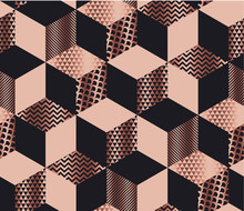 Luxury Geometric Shapes Mosaic In Pale Rose Gold And Black Colors. Geometry Cube And Hexagon Seamless Pattern.