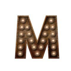 Wall Mural - Rusted metal letter M light bulb font. 3D Rendering
