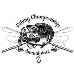 Pike fish bend with crossed fishing rod in engrving style. Logo for fishing, championship and sport club on white