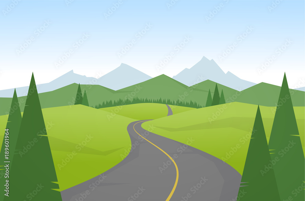 Vector illustration: Cartoon mountains landscape with road. - obrazy, fototapety, plakaty 
