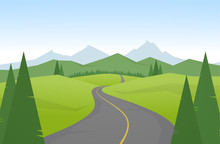 Vector Illustration: Cartoon Mountains Landscape With Road.