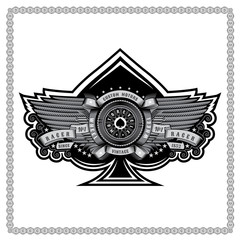 Wall Mural - Ace of spades with motorbike wheel between wings and ribbons. Motorcycle design for print or card on white