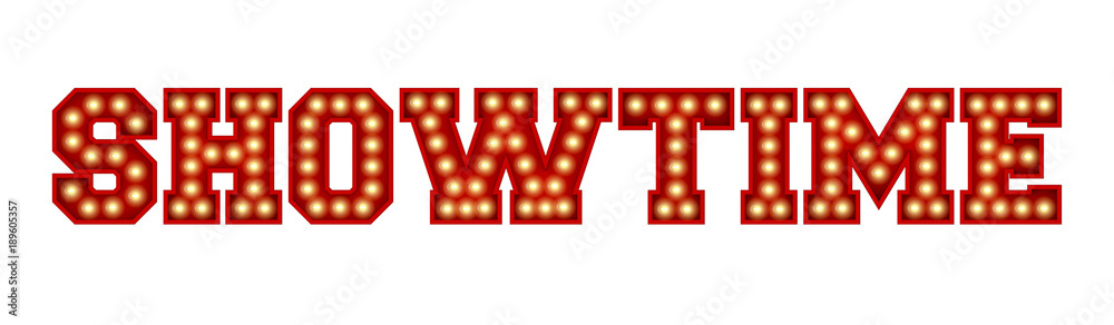 Showtime word made from red vintage lightbulb lettering isolated on a white. 3D Rendering - obrazy, fototapety, plakaty 