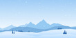 Vector illustration: Winter Mountains landscape with pines and hills.