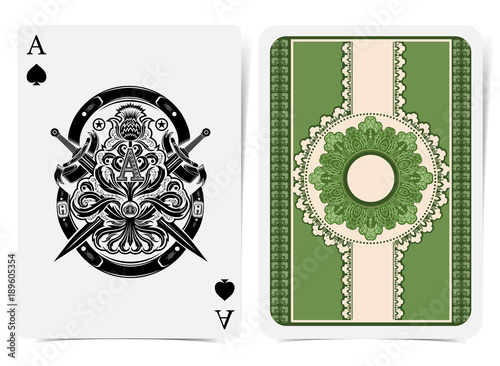 Cuadros en Lienzo Ace of spades face with thistle plant pattern, crossed swords and ribbon and back with green floral pattern on suit