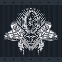 Wall Mural - Motorbike wheel between crossed raced flags and indian feather. Vintage motorcycle design on blackboard