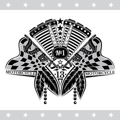 Wall Mural - Motorcycle motor between crossed raced flags and indian feather. Vintage motorcycle design on white