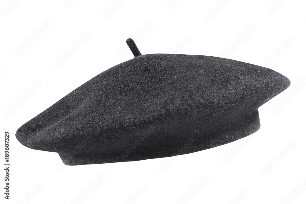 Black french cap beret side view isolated on white - obrazy, fototapety, plakaty 
