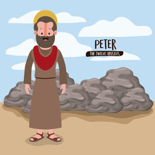 The Twelve Apostles Poster With Peter In Scene In Desert Next To The Rocks In Colorful Silhouette Vector Illustration