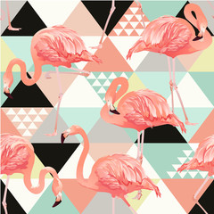 Wall Mural - Exotic beach trendy seamless pattern, patchwork illustrated floral vector tropical banana leaves. Jungle pink flamingos. Wallpaper print background.