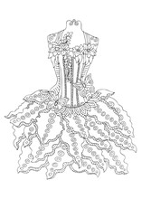 Women's Lace Dress. Hand Drawn Illustration For Coloring Page, Poster Or Invitation Card Design. Sketch For Anti-stress Colouring Book In Zen-tangle Style. Vector Picture.