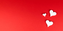 White Hearts On Red Background With Copy Space Panorama
