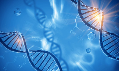 Wall Mural - 3d render of dna structure and cells, abstract background