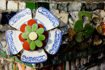 Decorations at Wat Arun of the temple of the dawn in Bangkok Thailand.