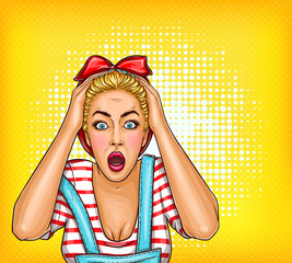 Vector pop art shocked, surprised girl with opened mouth. Blonde housewife woman touching her head with amazed face. Illustration for sale, discount, promo, advertising poster