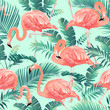 Flamingo Bird and Tropical palm Background Seamless pattern vector.