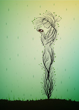 Tree Silhouette Like A Woman Holding Nest With White Bird And Hiding It From The Rain, Spring Tree Soul, Tree Alive Idea,