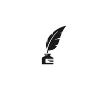 Inkwell And Feather Pen Logo Template. Ink Bottle And Quill Pen Vector Design. Writer Illustration