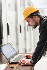 Wall Mural - maintenance engineer inspect relay protection system with laptop computer