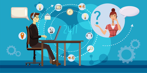 Poster - Call center round banner horizontal, cartoon style