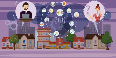 Poster - Call center town banner horizontal, cartoon style