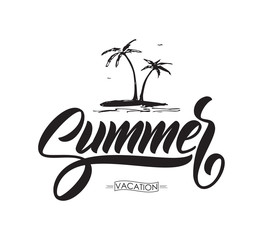 Wall Mural - Vector illustration: Handwritten brush lettering of Summer Vacation with doodle palm trees.