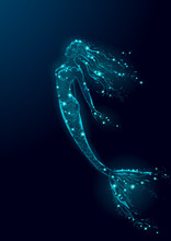 Low Poly Mermaid Triangle Myth Creature Fairy Fantasy Mystic. Poligonal Point Line Glowing Blue Dark Night Constellation Stars. Beautiful Underwater Depth Ocean Vector Illustration