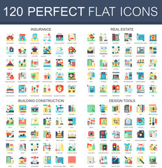 Poster - 120 vector complex flat icons concept symbols of insurance, real estate, building construction, design tools. Web infographic icon design.