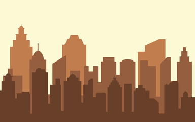 Abstract city building skyline with road and grass. Buildings silhouette. Urban Landscape. Cityscape background in flat style. Modern city landscape.