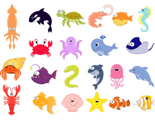 Big vector set of sea creatures. Cute cartoon animals. Vector illustration. Underwoter animals. Sea animals. Shark,  turtle, crab,lobster, stringray, squid.