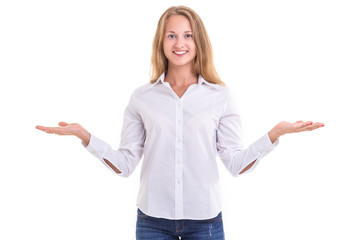 Beautiful caucasian woman in white shirt. Studio shooting isolated on white