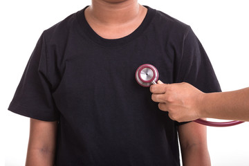 Wall Mural - Checking heart and health care concept : Woman holding Stethoscope and check on red heart isolated on white