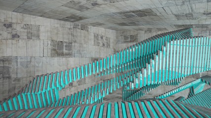  Abstract white and brown concrete parametric interior with blue glossy lines. 3D illustration and rendering.