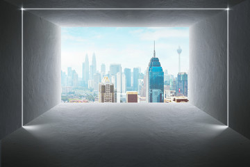 Wall Mural - Empty space cement wall and floor with beautiful outdoor cityscape open window design .