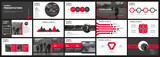 Fototapeta  - Abstract white, red presentation slides. Modern brochure cover design. Fancy info banner frame. Creative infographic elements set. Urban city font. Vector title sheet model. Ad flyer style template