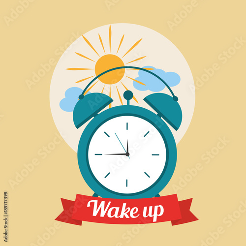 Fotografía wake up good morning poster with alarm clock and clouds vector illustration