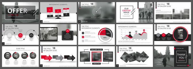 Abstract white, red presentation slides. Modern brochure cover design. Fancy info banner frame. Creative infographic elements set. Urban city font. Vector title sheet model. Ad flyer style template