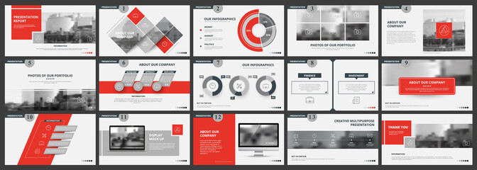 Wall Mural - Abstract white, red presentation slides. Modern brochure cover design. Fancy info banner frame. Creative infographic elements set. Urban city font. Vector title sheet model. Ad flyer style template