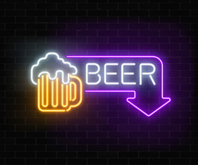 Wall Mural - Glowing neon beer pub signboard in rectangle frame with arrow on dark brick wall background.