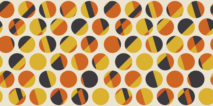 Color dots. Geometric circle seamless pattern vector illustration in retro 60s style. Vintage 1970s abstract motif in hot orange and yellow colors for carpet, wrapping paper, fabric, background..