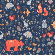 Fairy-tale Forest. Fox, Bear, Raccoon, Owls, Rabbits, Flowers And Herbs On A Blue Background. 