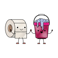 Wall Mural - kawaii cartoon toilet paper roll and bucket with soapy water holding hands in colored crayon silhouette vector illustration