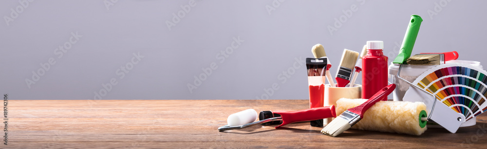 Painting Equipments On The Wooden Table - obrazy, fototapety, plakaty 
