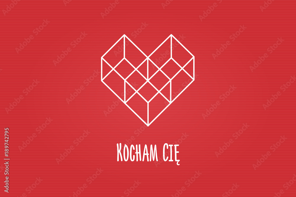 Serce złożone z figur geometrycznych, trzech sześcianów na czerwonym tle z napisem „Kocham Cię” - obrazy, fototapety, plakaty 