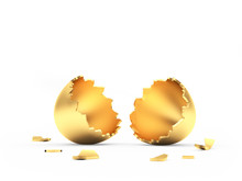 Broken Empty Golden Easter Egg With Space For Text Isolated On White. 3D Illustration